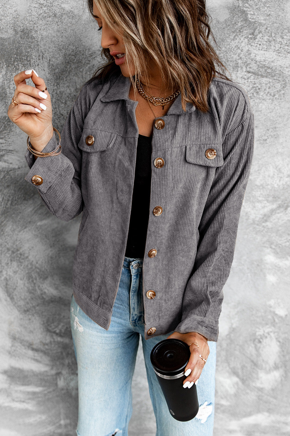 Corduroy Long Sleeve Jacket - Gray / S Apparel & Accessories Girl Code