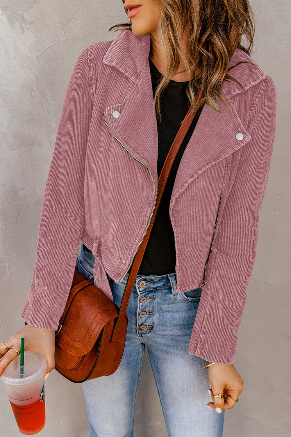 Belted Zip-Up Corduroy Jacket - Pink / XL Girl Code