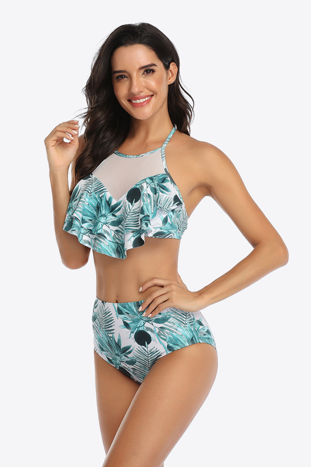 Tropical Print Ruffled Two-Piece Swimsuit Trendsi