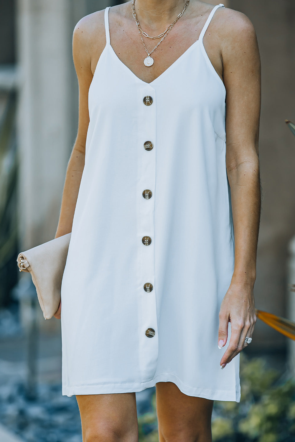 Buttoned Spaghetti Strap Dress - White / S Girl Code