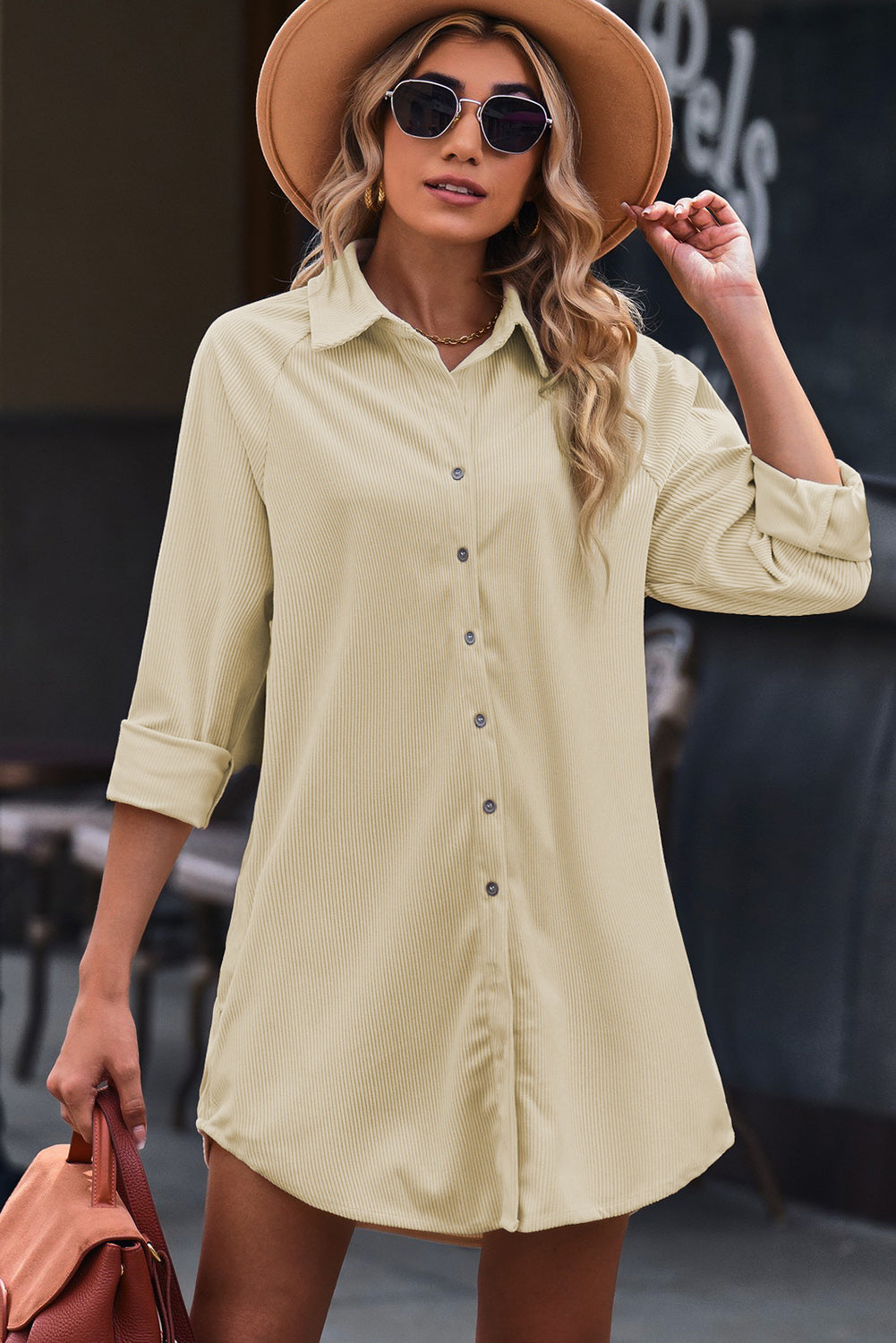 Button Front Curved Hem Raglan Sleeve Shirt Dress - Khaki / S Girl Code