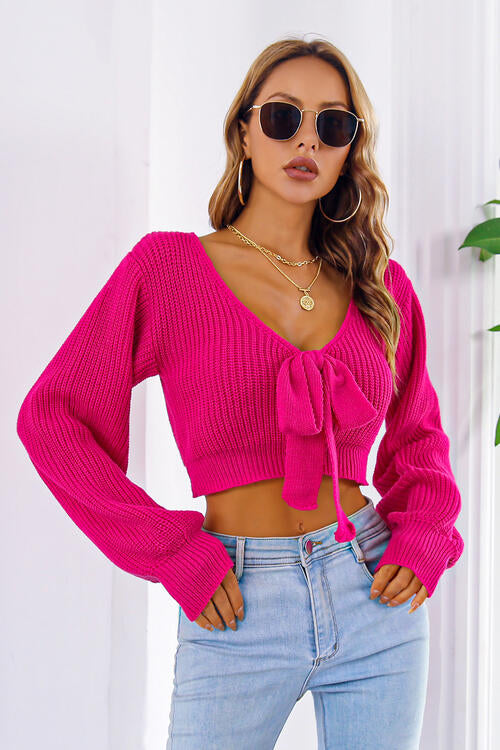 Bow V-Neck Long Sleeve Cropped Sweater