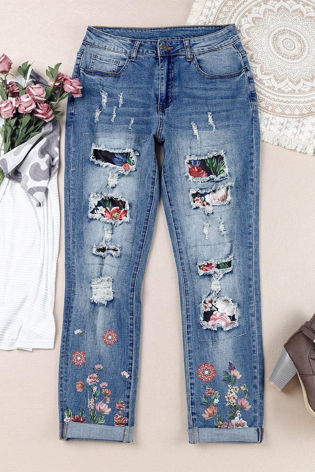 Floral Graphic Patchwork Distressed Jeans Trendsi