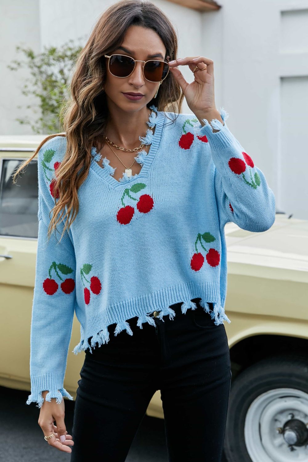 Cherry Pattern Frayed Trim V-Neck Sweater - Blue / S Apparel & Accessories Girl Code