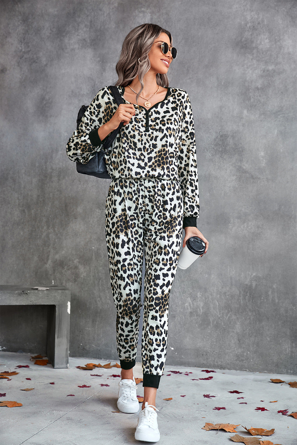 Leopard V-Neck Dropped Shoulder Loungewear Set Trendsi