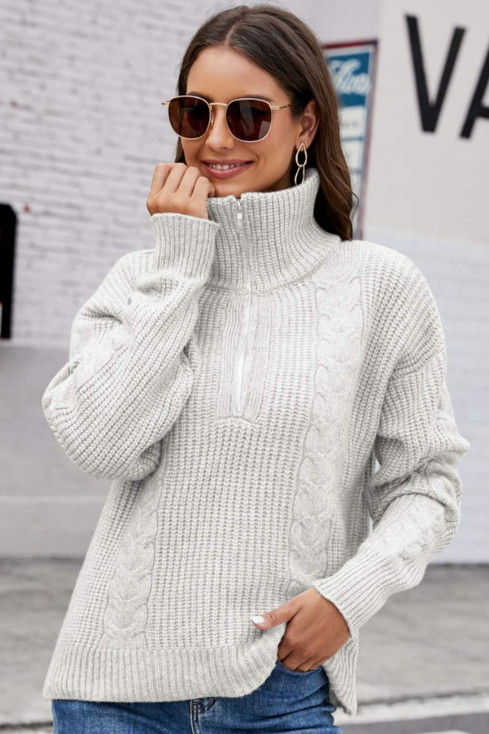 Half Zip Mixed Knit Collared Sweater - Apparel & Accessories Girl Code