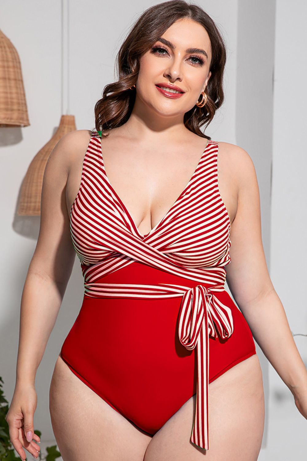 Plus Size Striped Tie-Waist One-Piece Swimsuit Trendsi