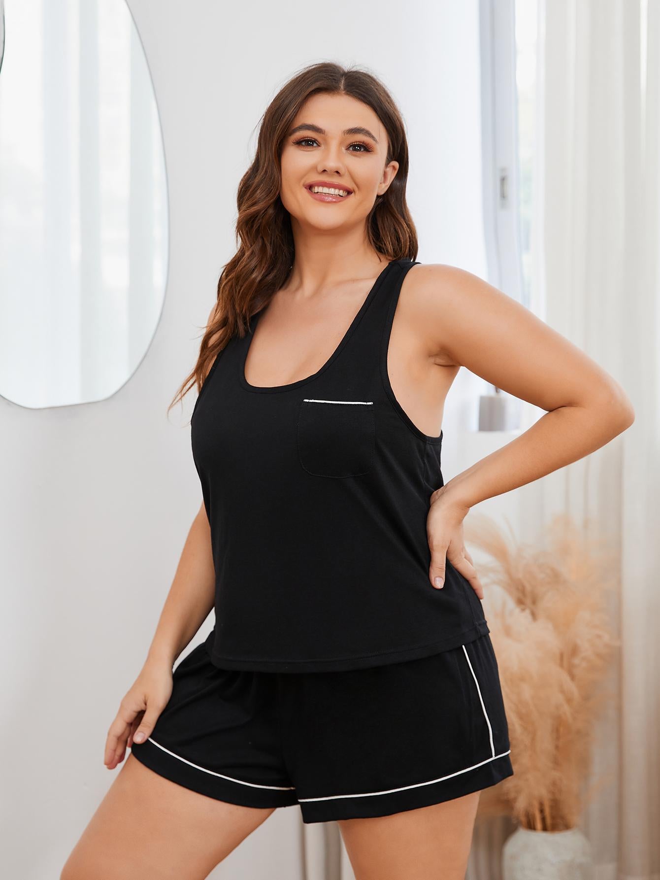 Plus Size Contrast Piping Racerback Tank and Shorts Lounge Set Trendsi