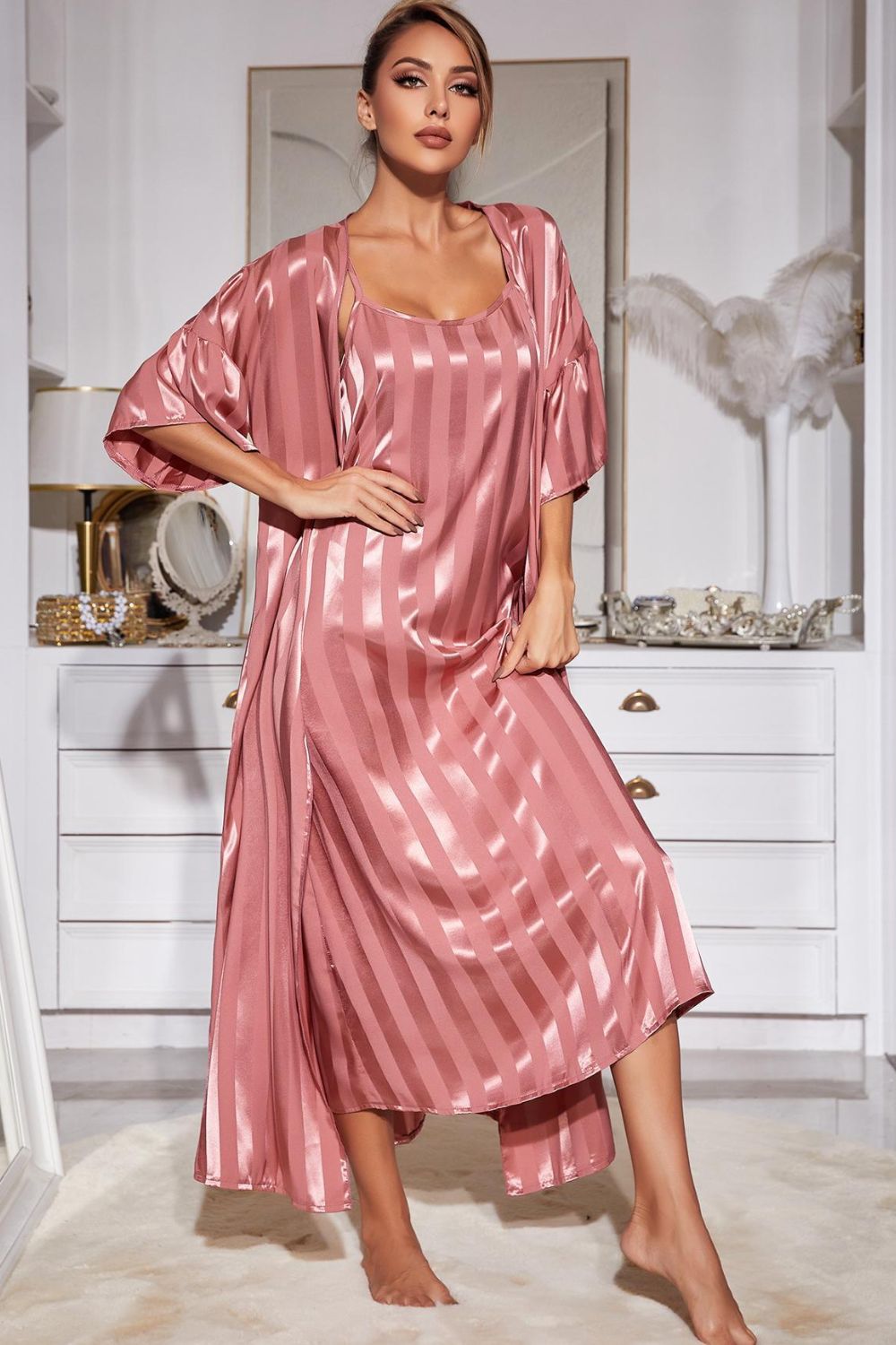 Striped Flounce Sleeve Open Front Robe and Cami Dress Set Trendsi