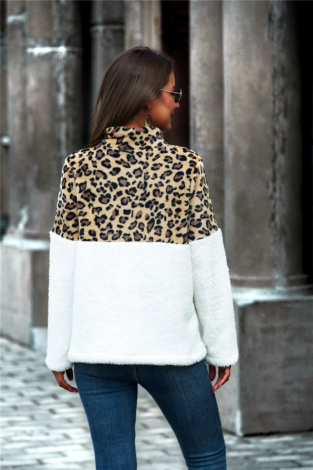 Leopard Color Block Half-Zip Collar Teddy Sweatshirt Trendsi