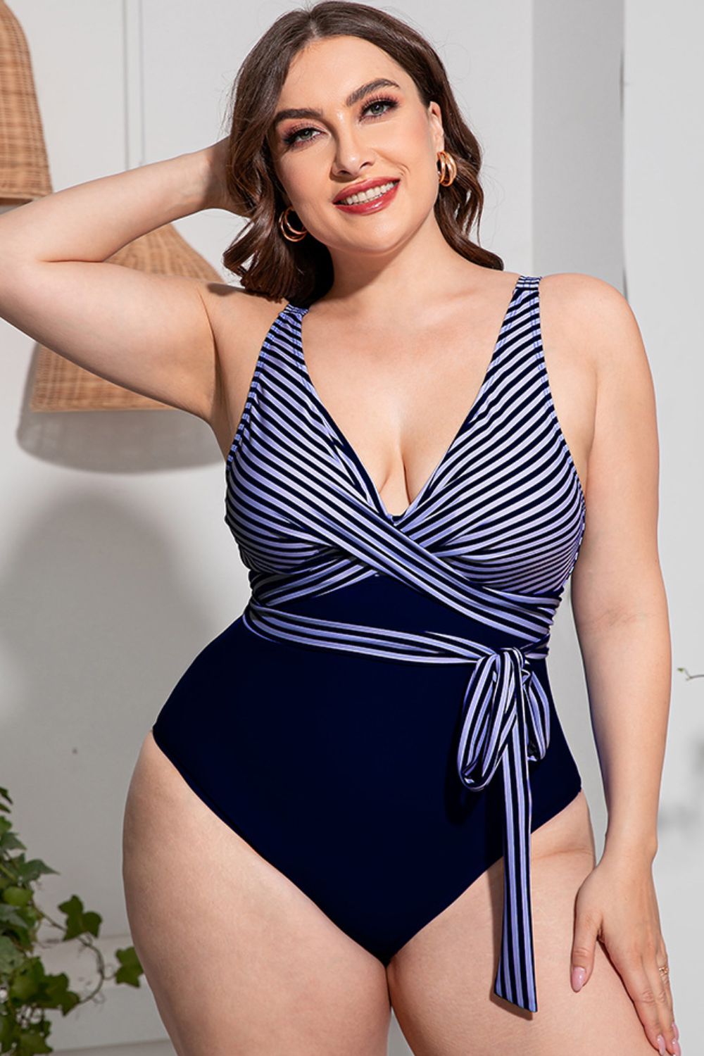 Plus Size Striped Tie-Waist One-Piece Swimsuit Trendsi