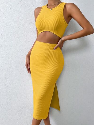 Ribbed Round Neck Tank and Slit Skirt Sweater Set
