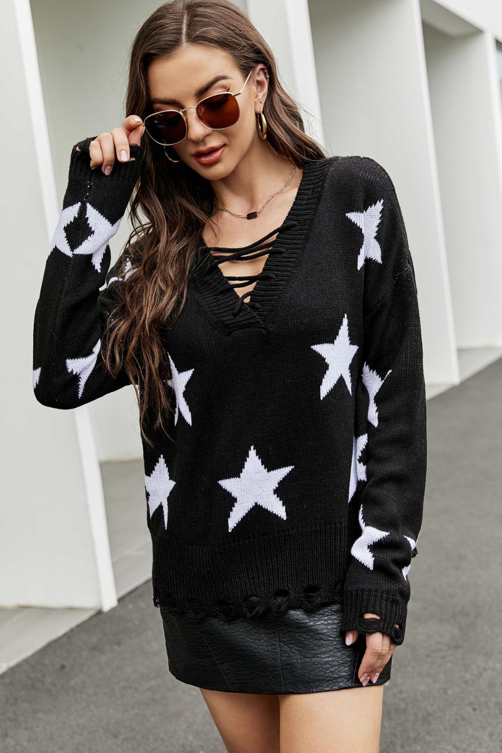 Star Pattern Lace-Up Drop Shoulder Sweater Trendsi