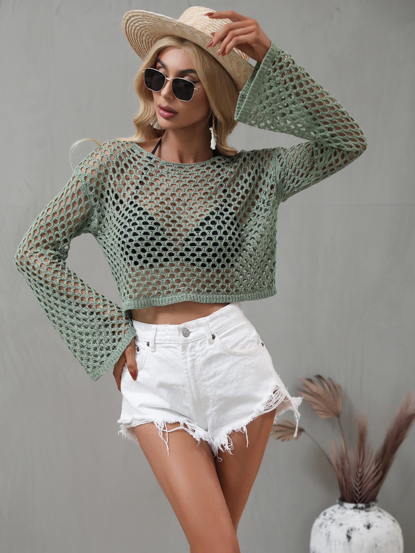 Openwork Flare Sleeve Cropped Cover Up Trendsi