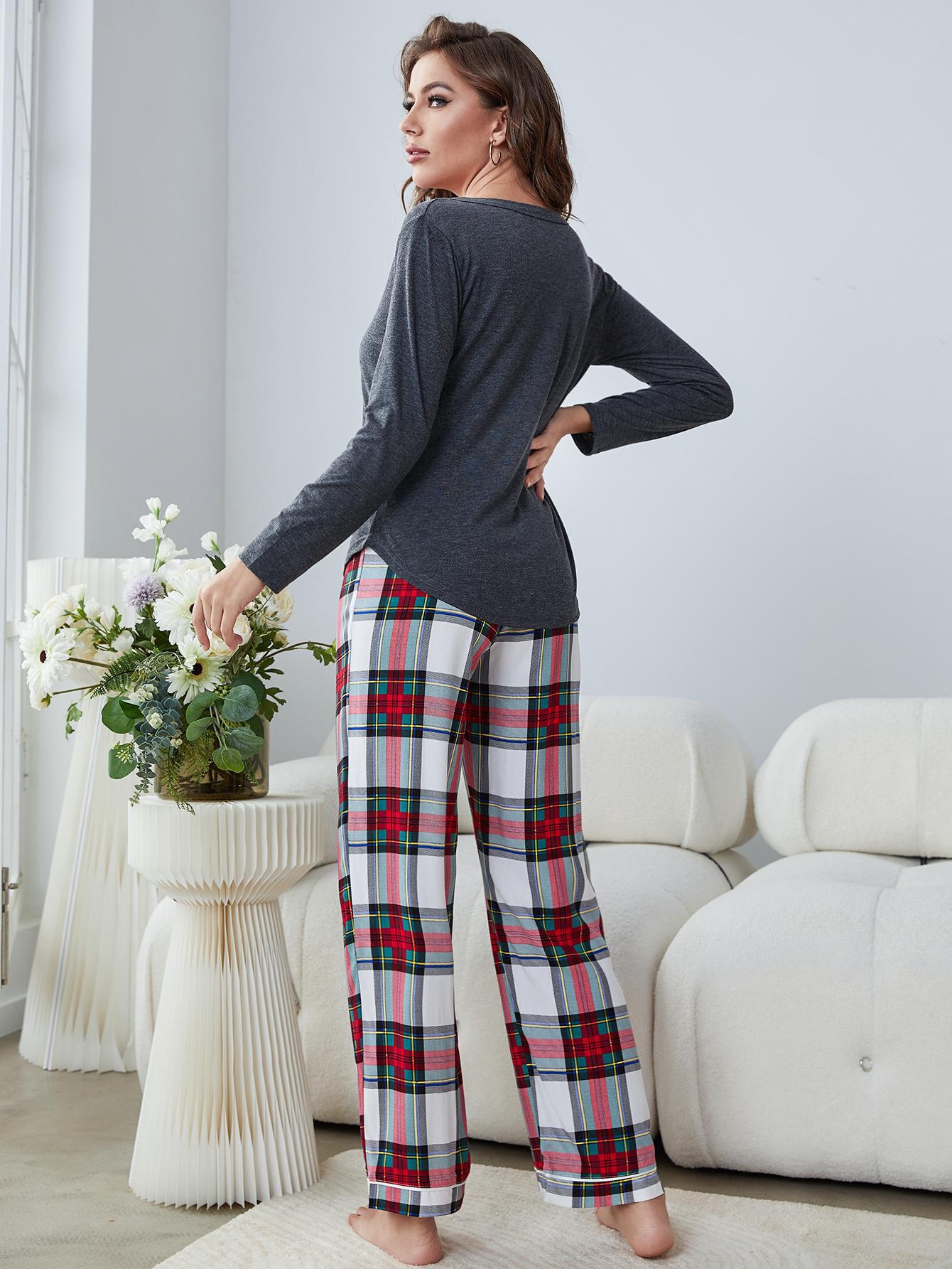 Buttoned Long Sleeve Top and Plaid Pants Lounge Set - Apparel & Accessories Girl Code