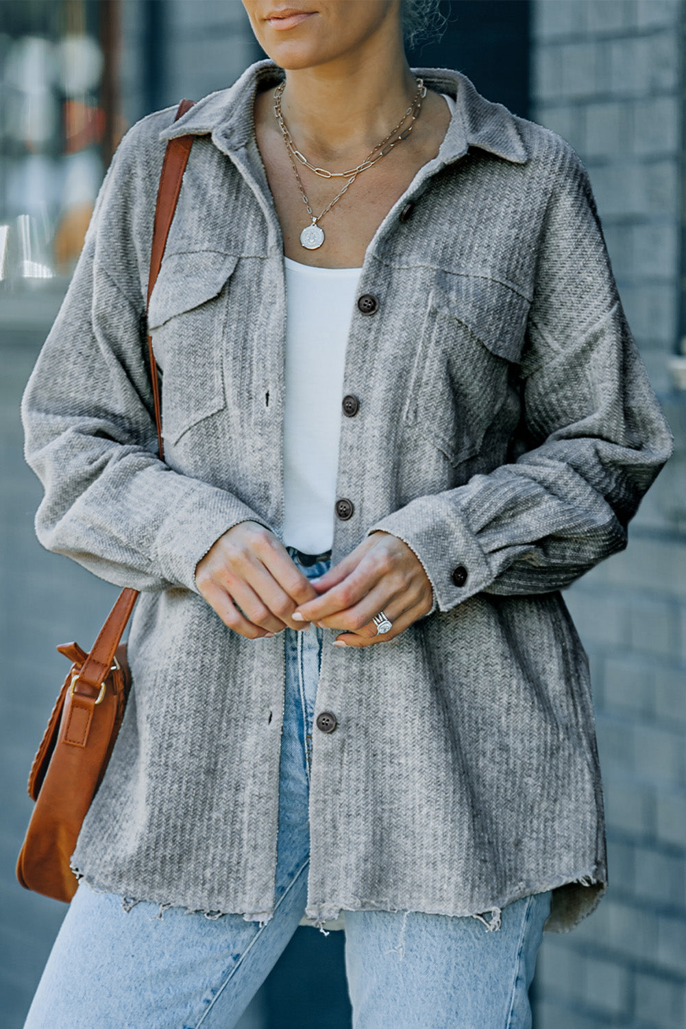 Textured Button Down Shirt Jacket with Pockets Trendsi