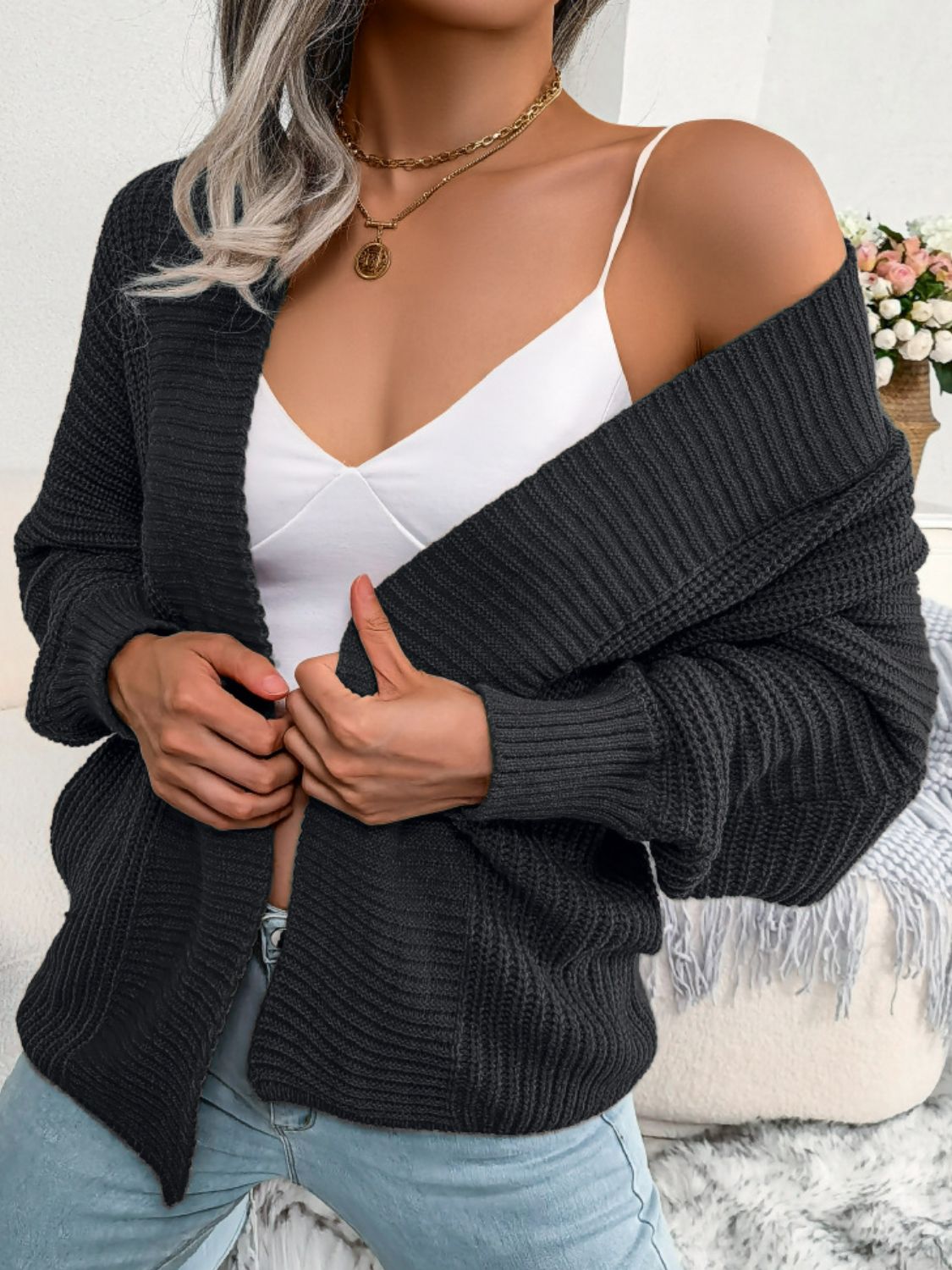 Rib-Knit Open Front Dolman Sleeve Cardigan - Black / S Apparel & Accessories Girl Code