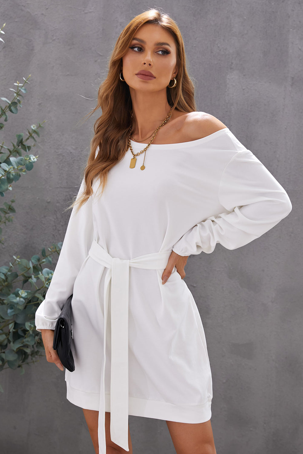 Boat Neck Belted Long Sleeve Dress - White / S Girl Code