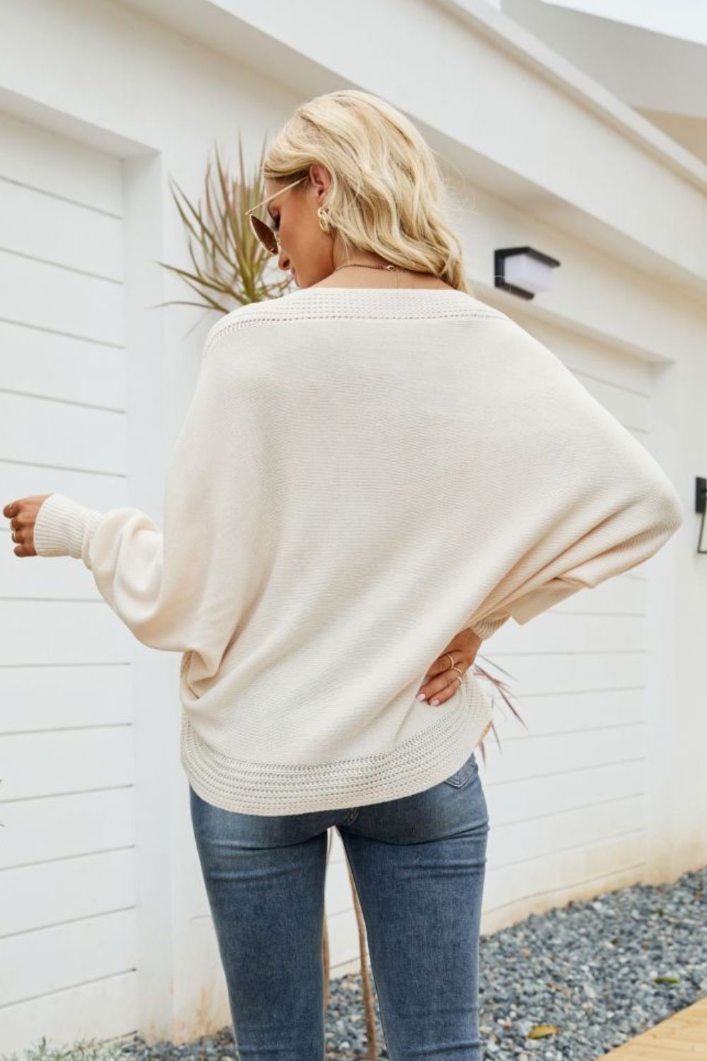 V-Neck Dolman Sleeve Sweater Trendsi