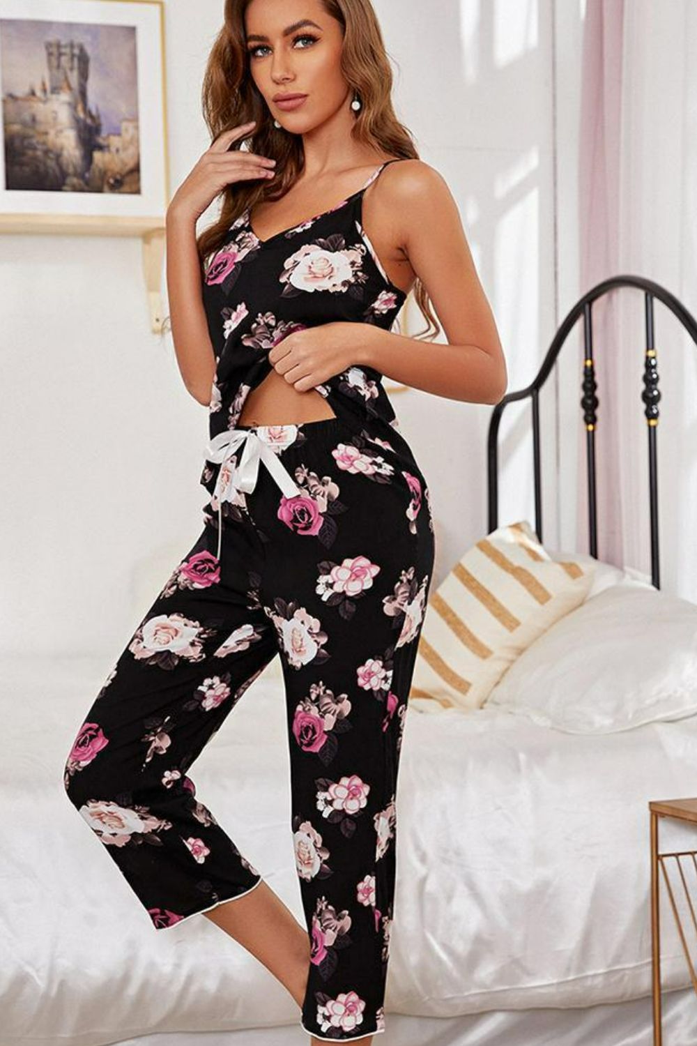 Floral V-Neck Cami and Cropped Pants Lounge Set Trendsi