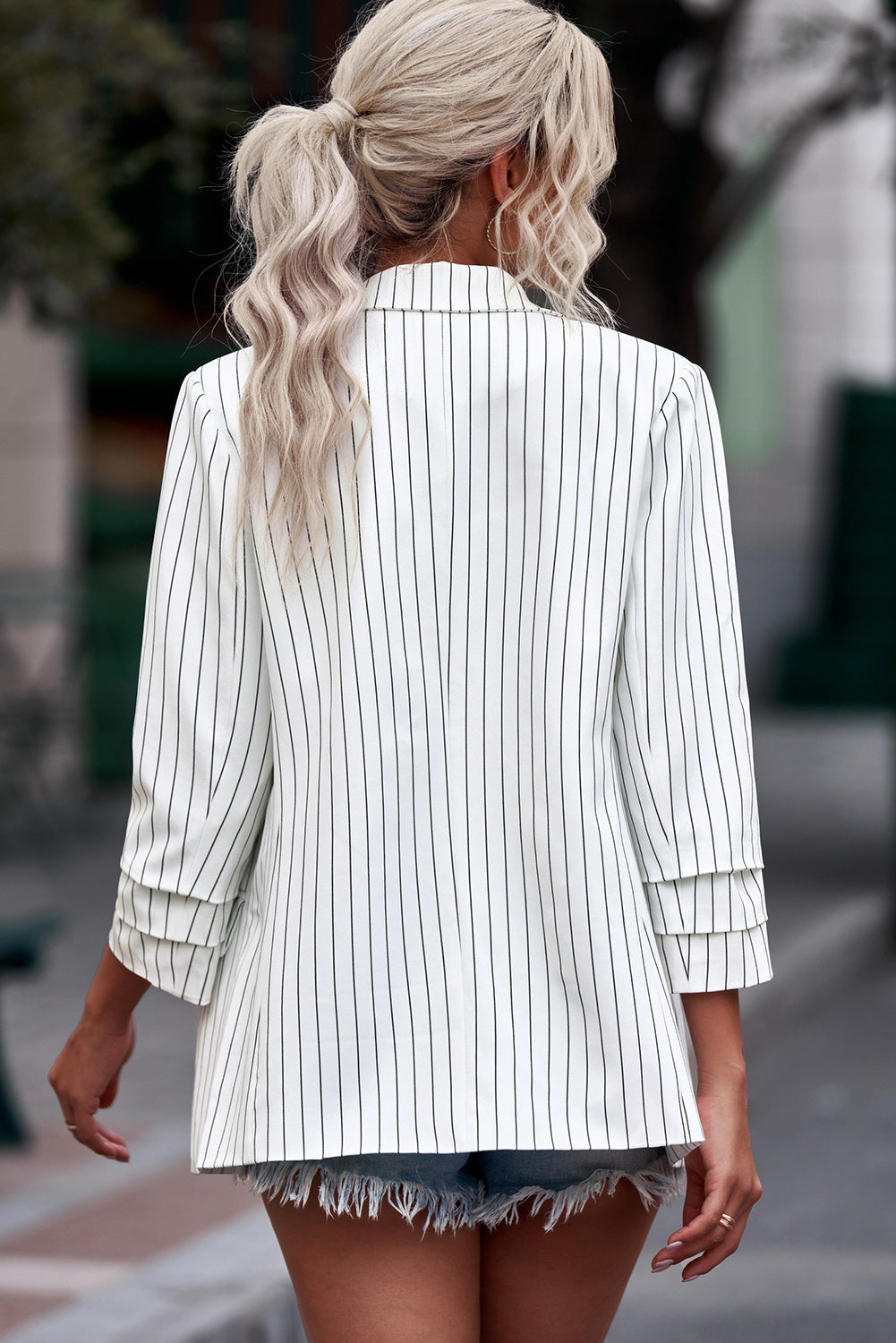 Striped Double-Breasted Long Sleeve Blazer Trendsi