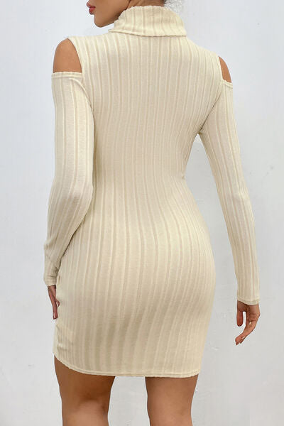Ribbed Turtleneck Cold Shoulder Long Sleeve Mini Dress