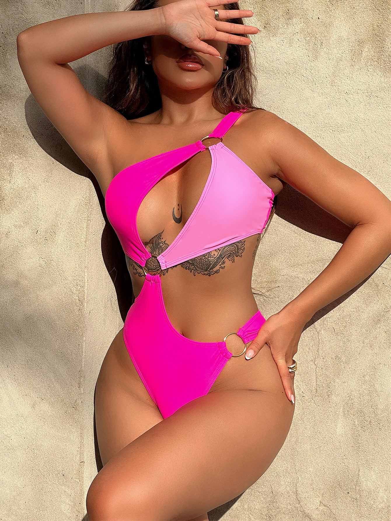 One-Shoulder Cutout Ring Detail One-Piece Swimsuit Trendsi