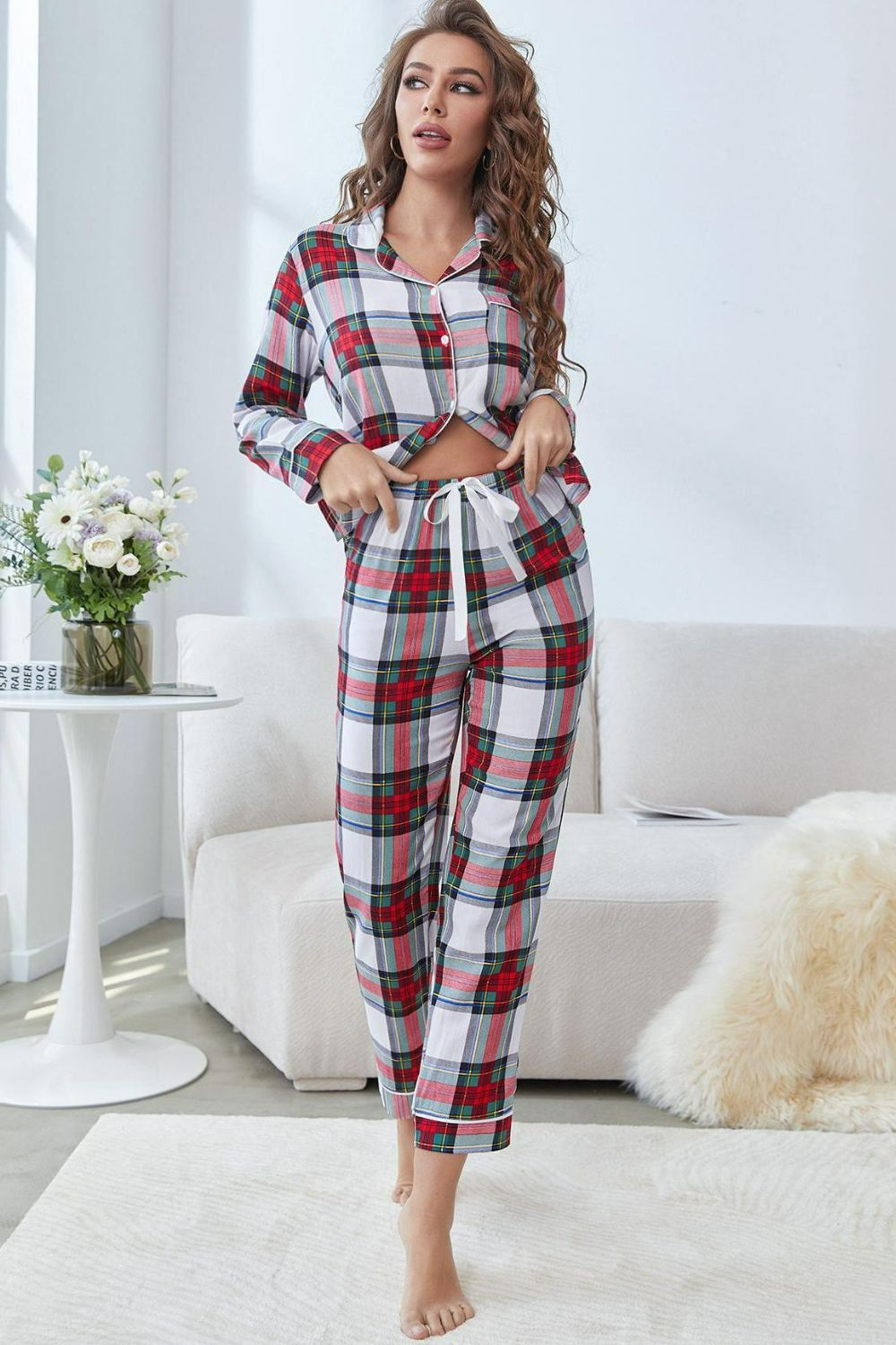 Plaid Button Front Top and Pants Lounge Set Trendsi