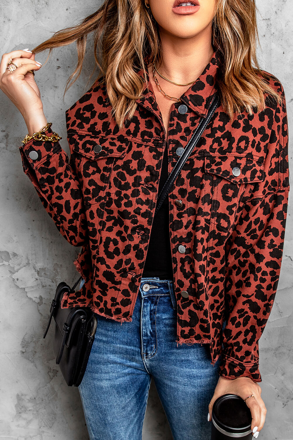 Leopard Print Raw Hem Jacket Trendsi