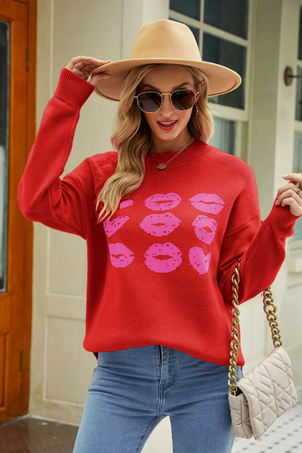 Lip Graphic Slit Dropped Shoulder Sweater Trendsi