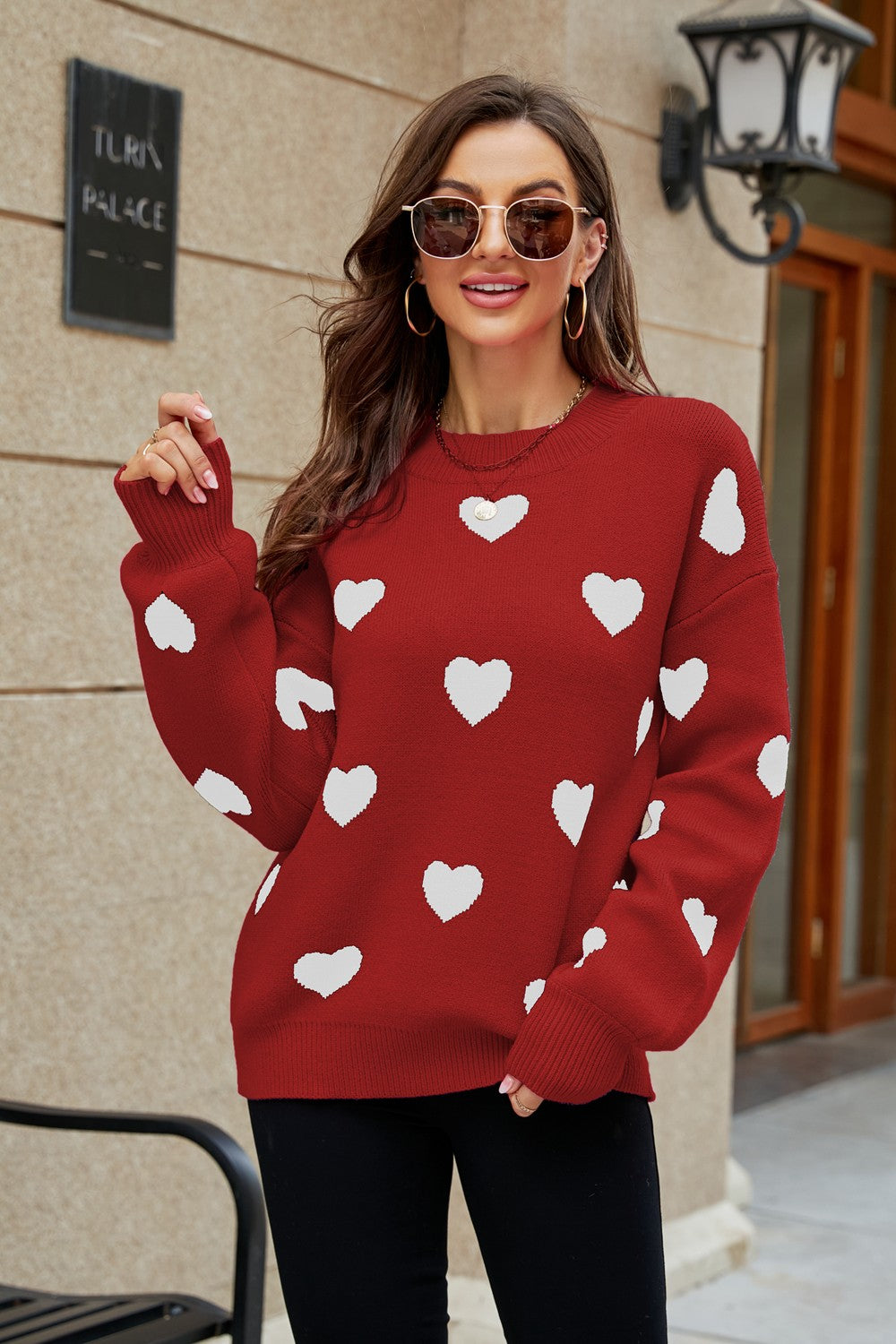 Heart Pattern Lantern Sleeve Round Neck Tunic Sweater - Red / S Apparel & Accessories Girl Code