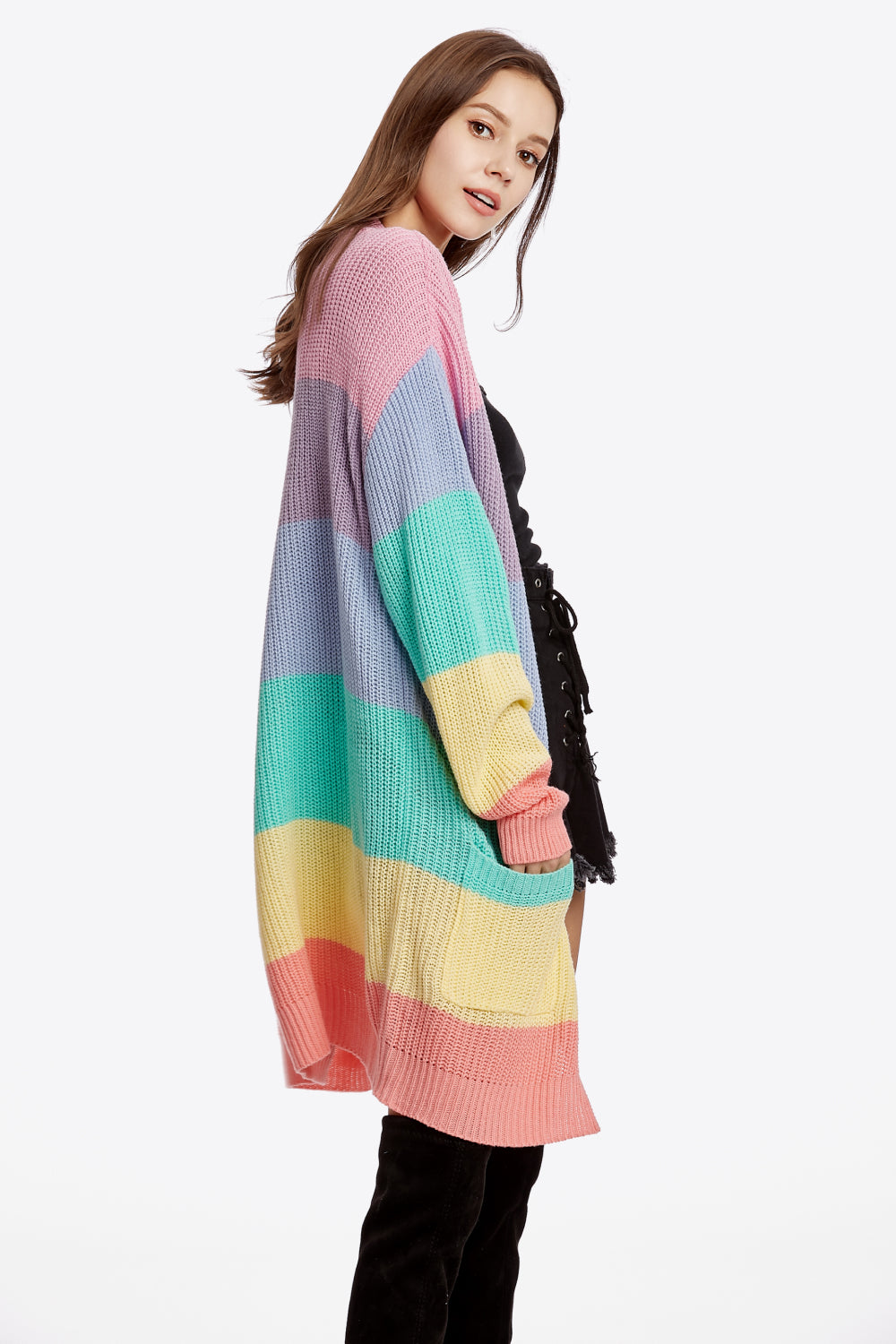 Color Block Open Front Drop Shoulder Cardigan with Pockets - Apparel & Accessories Girl Code