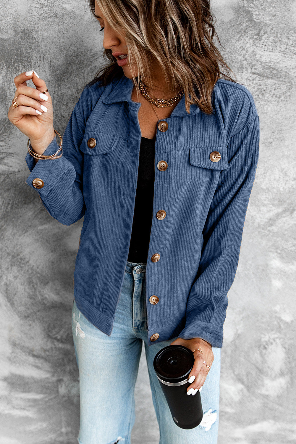 Corduroy Long Sleeve Jacket - Dark Blue / XL Apparel & Accessories Girl Code