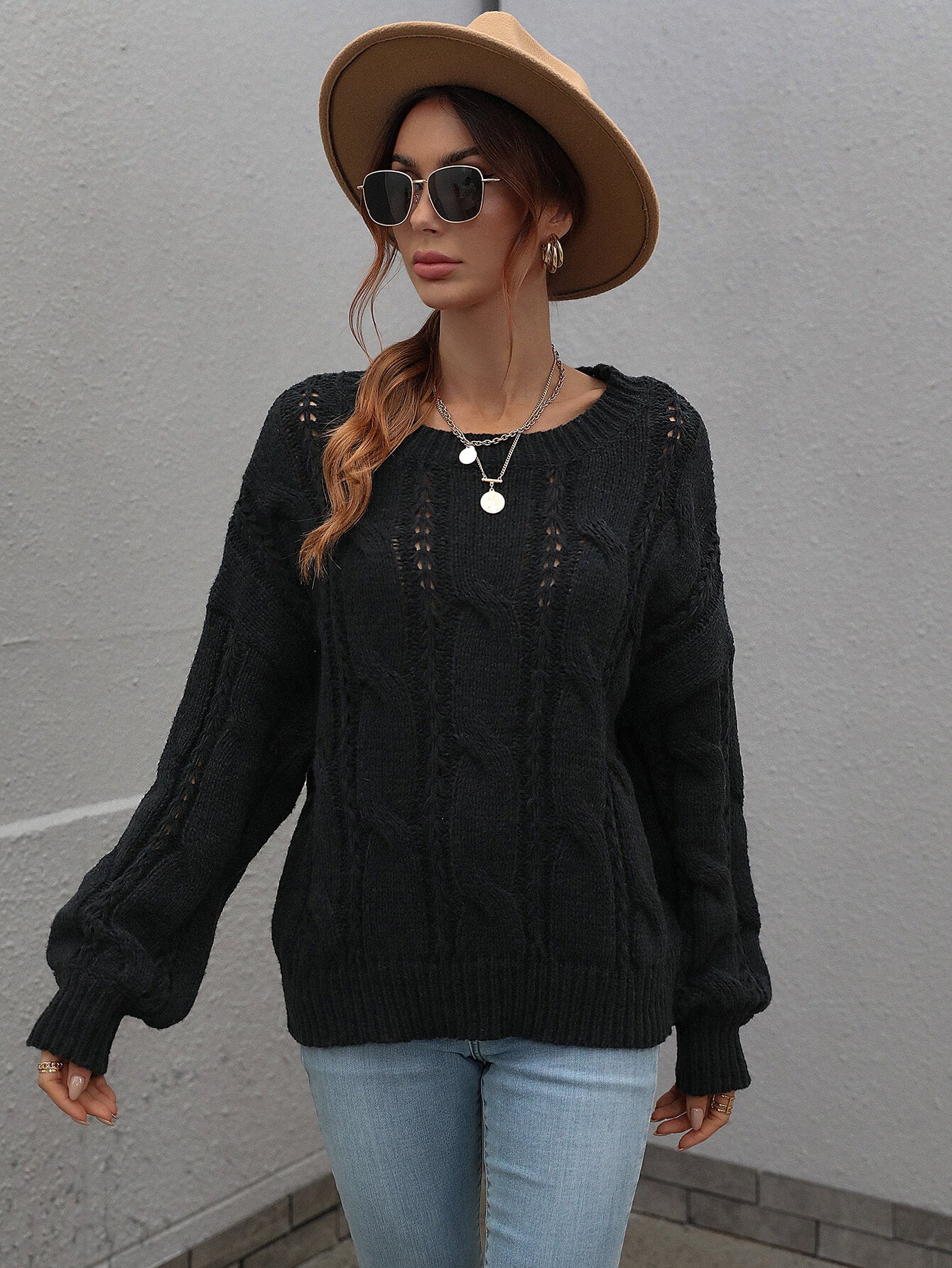 Cable-Knit Openwork Round Neck Sweater - Black / S Girl Code