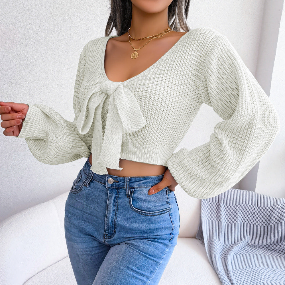 Tie-Front Rib-Knit Cropped Sweater Trendsi