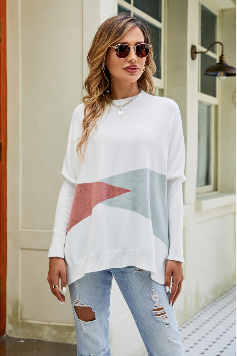 Color Block Round Neck Side Slit Sweater - White / S Apparel & Accessories Girl Code