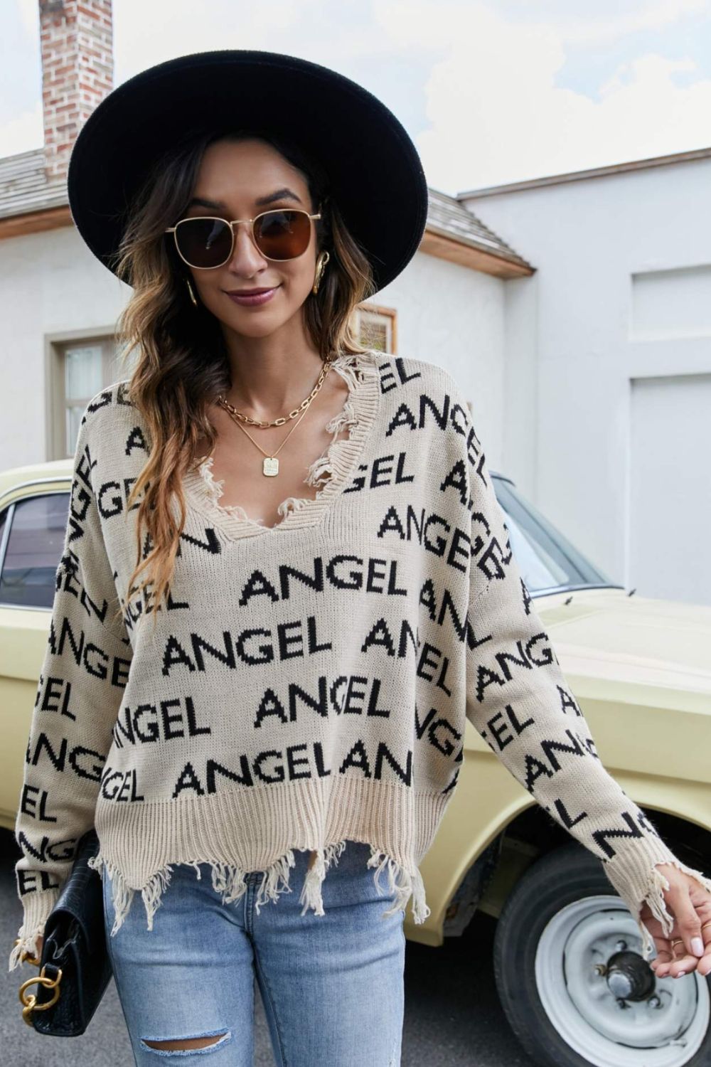 ANGEL Distressed V-Neck Dropped Shoulder Sweater - Khaki / S Apparel & Accessories Girl Code