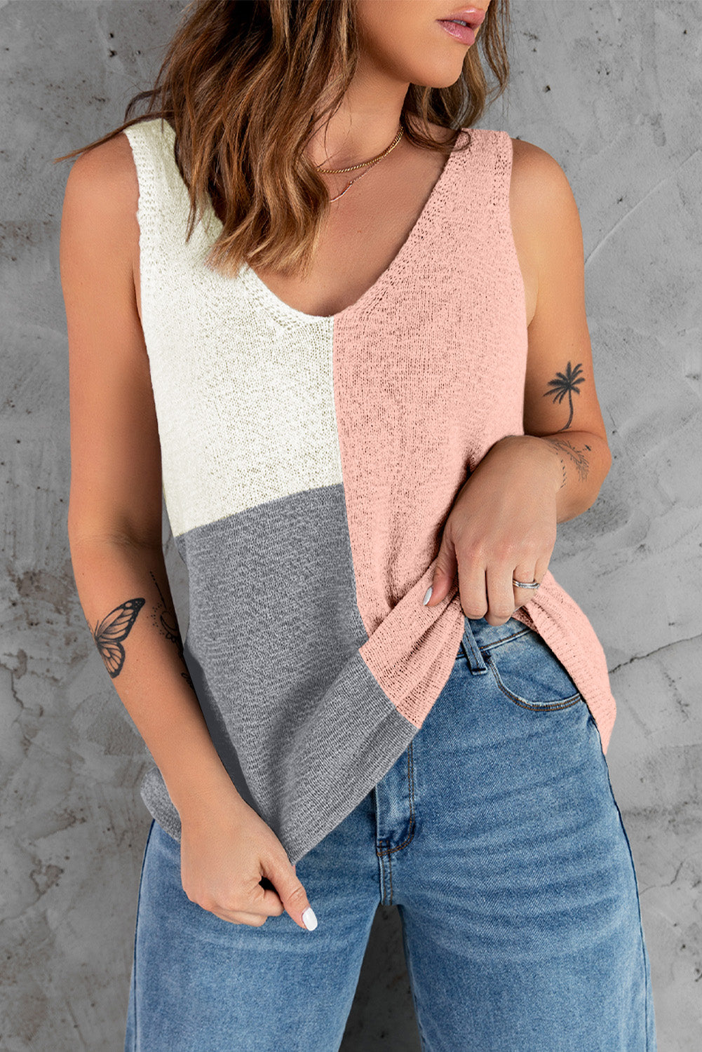 Color Block V-Neck Knitted Tank - Pink / S Girl Code