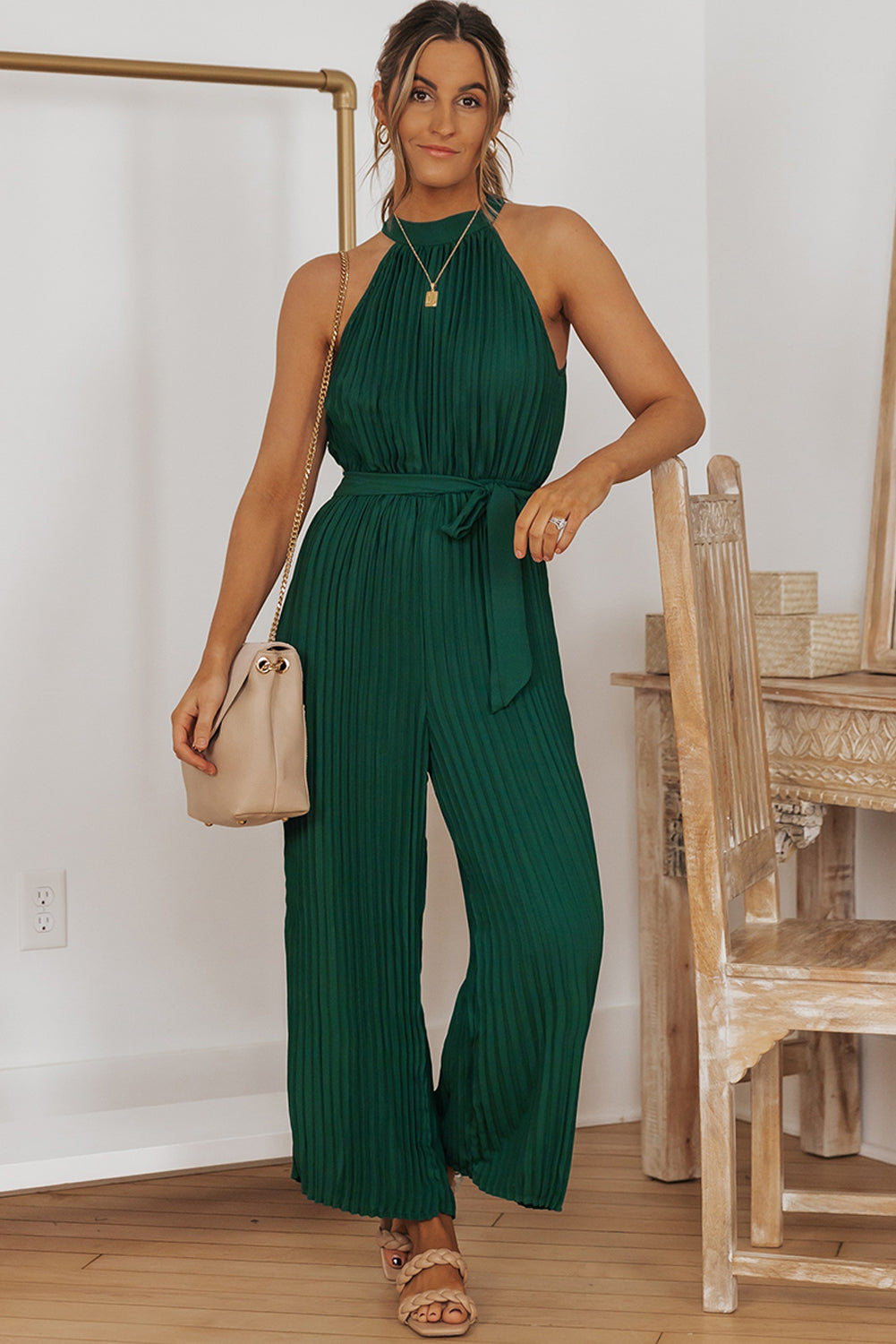 Accordion Pleated Belted Grecian Neck Sleeveless Jumpsuit - Green / S Girl Code