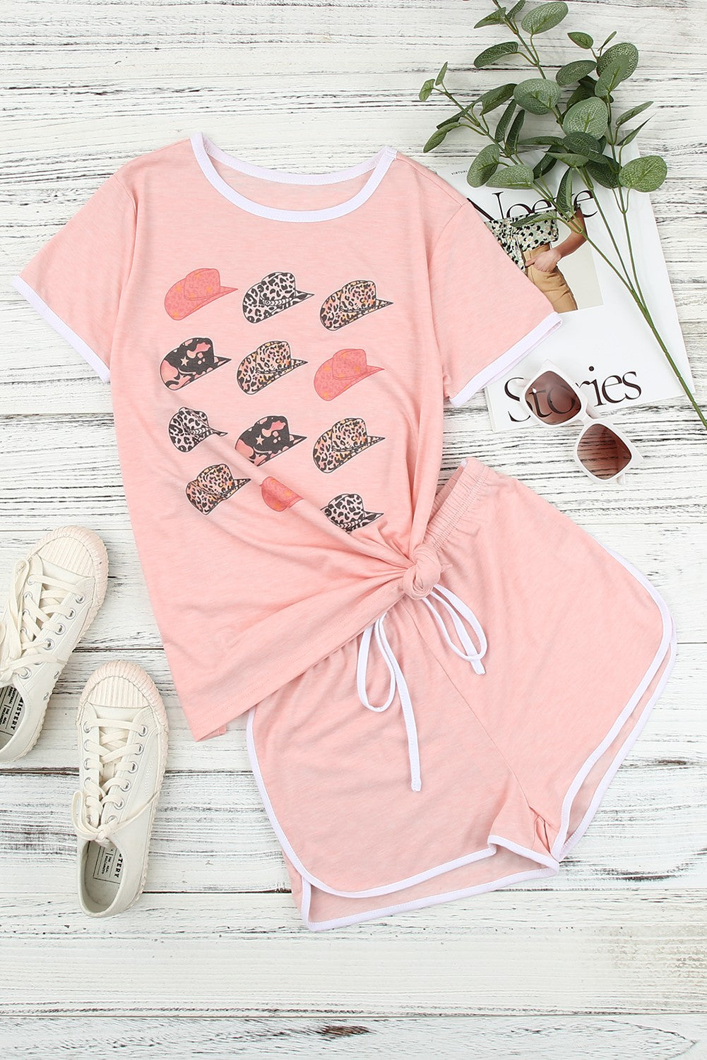 Graphic Tee and Drawstring Shorts Loungewear Set - Pink / S Apparel & Accessories Girl Code