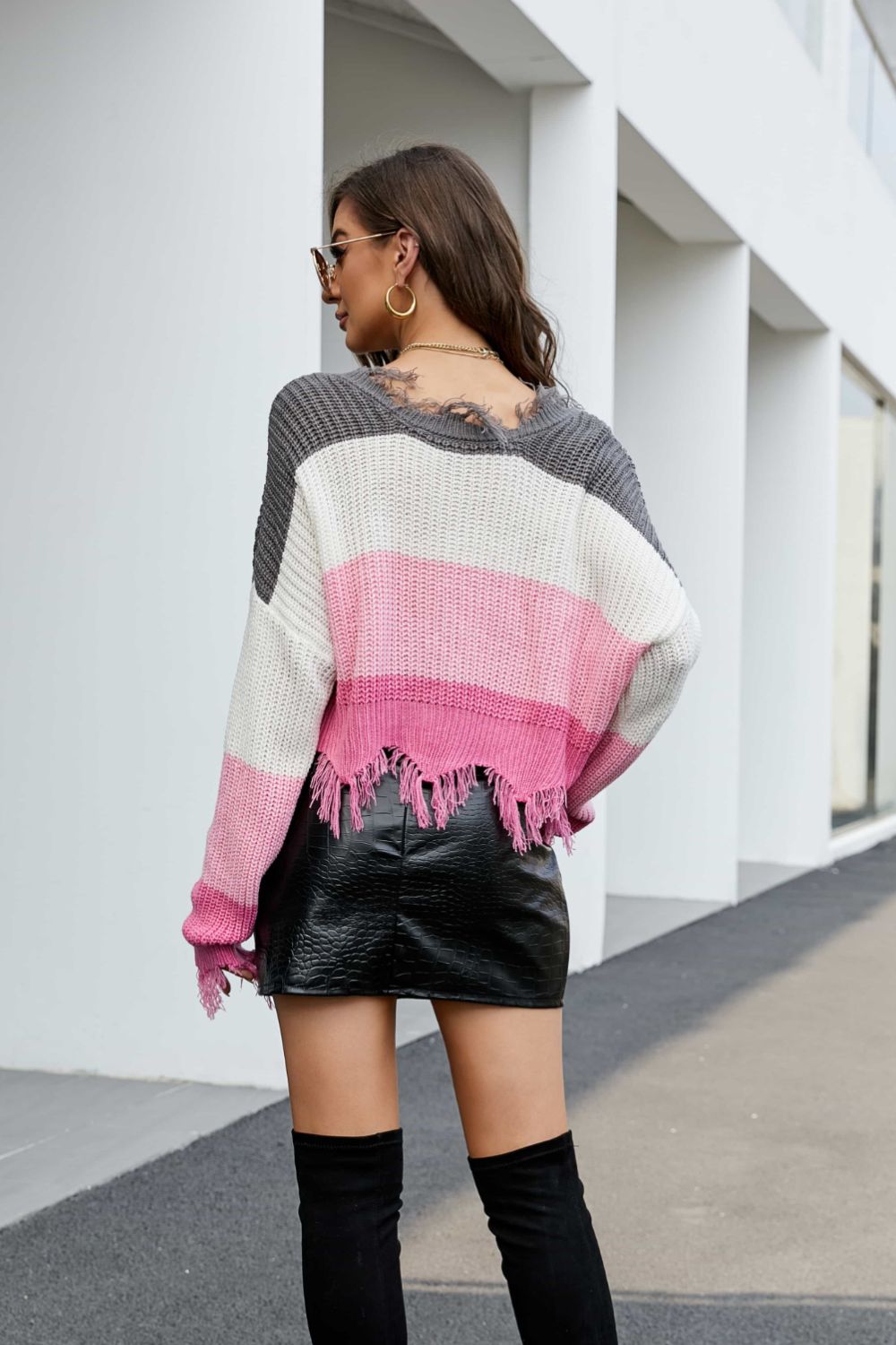 Striped Fringe Trim V-Neck Sweater Trendsi