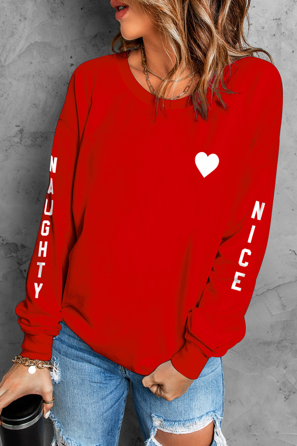 NAUGHTY NICE Heart Graphic Sweatshirt Trendsi