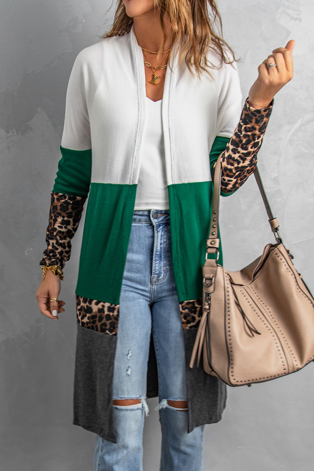 Leopard Color Block Open Front Longline Cardigan Trendsi