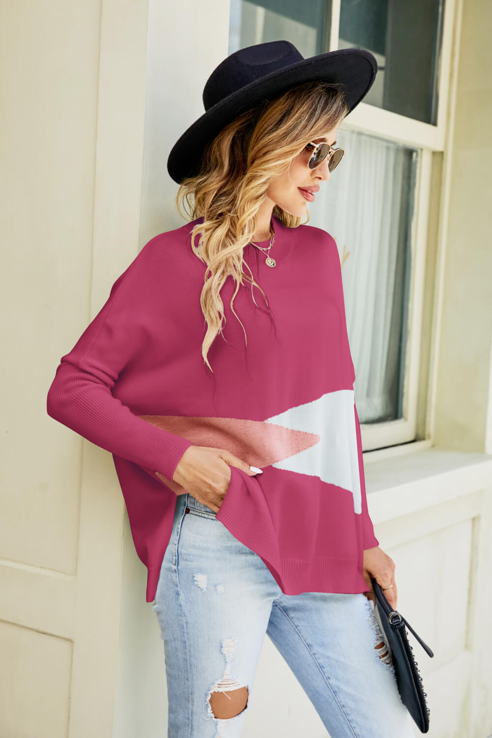 Color Block Round Neck Side Slit Sweater - Apparel & Accessories Girl Code