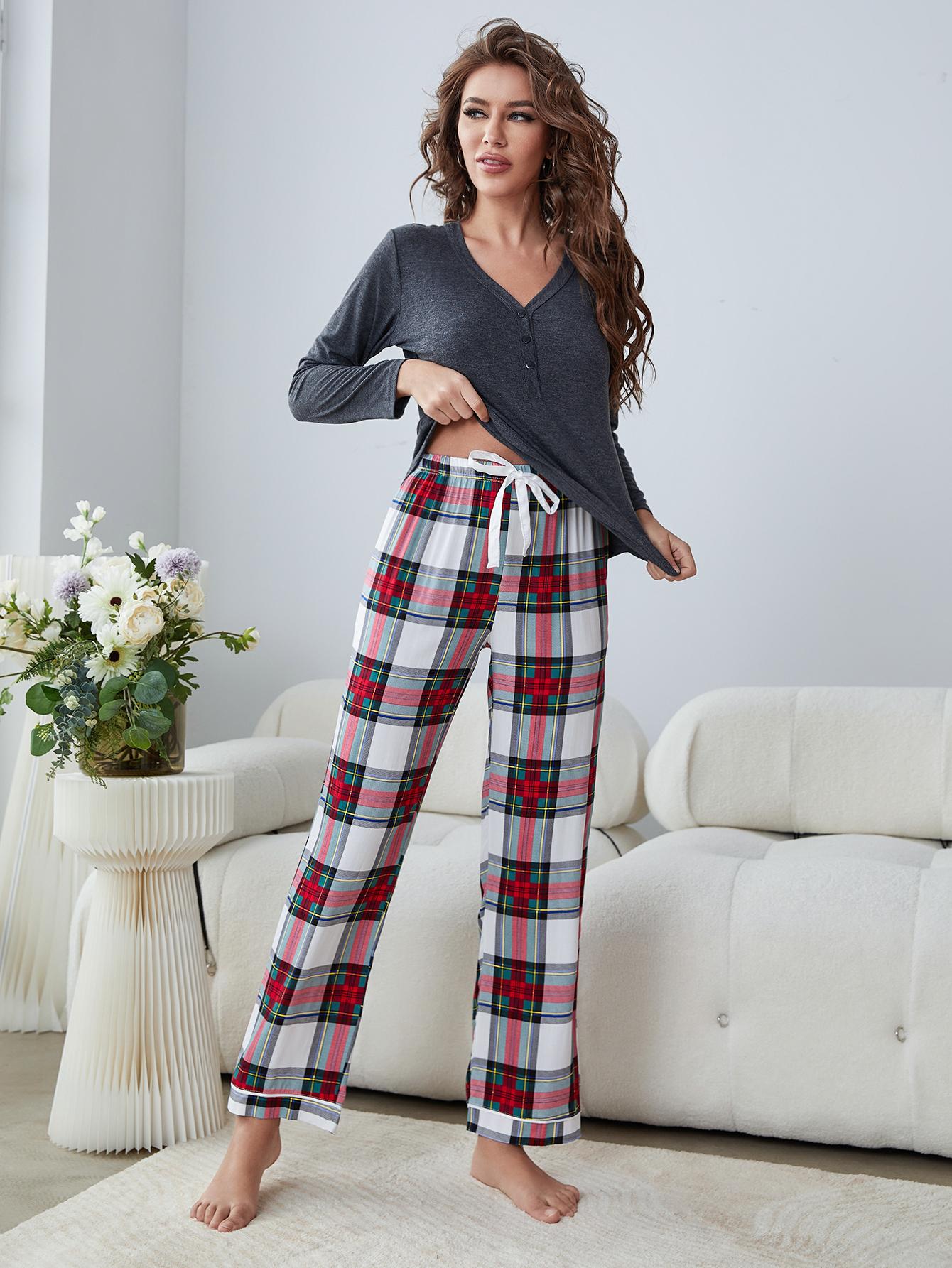 Buttoned Long Sleeve Top and Plaid Pants Lounge Set - Grey / S Apparel & Accessories Girl Code