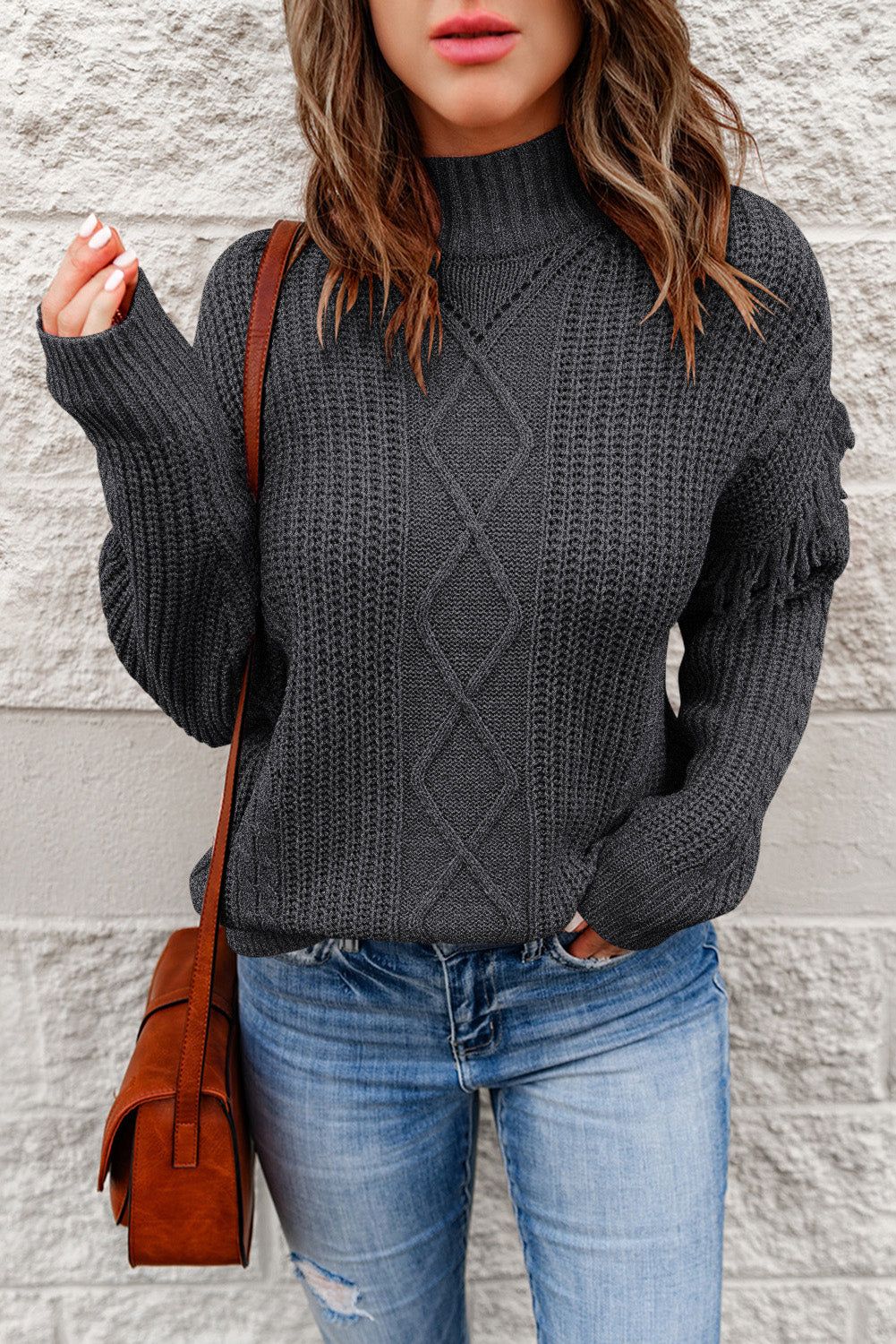 Fringe Detail Mixed Knit Sweater Trendsi