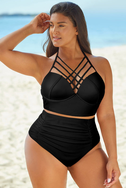 Halter Neck Crisscross Ruched Two-Piece Swimsuit - Black / S Girl Code