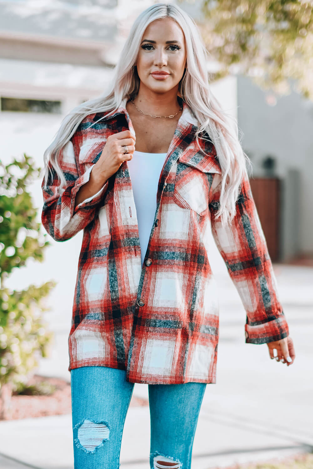 Plaid Button Up Shirt Jacket with Pockets Trendsi