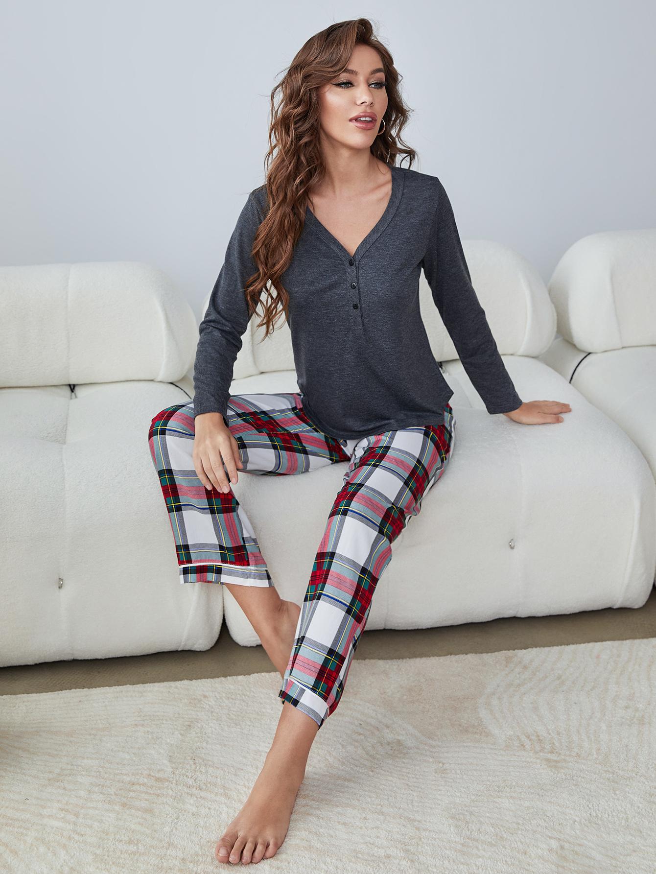 Buttoned Long Sleeve Top and Plaid Pants Lounge Set - Apparel & Accessories Girl Code