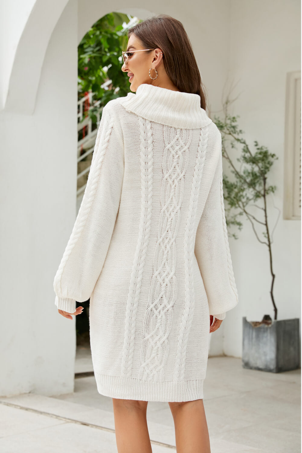 Mixed Knit Turtleneck Lantern Sleeve Sweater Dress Trendsi